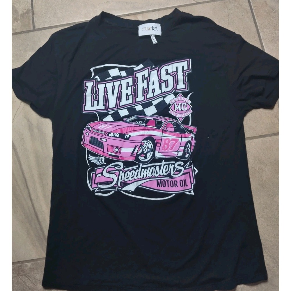 Y2K Live Fast Racing Graphic Tee Black Pink Car Streetwear Women's Top